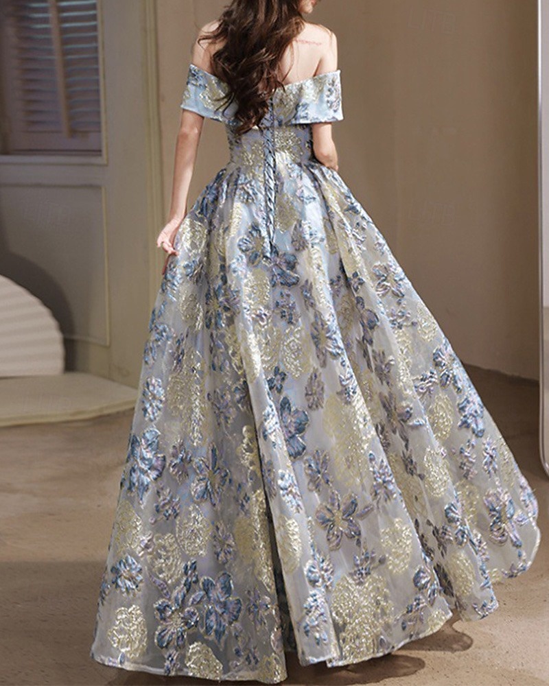 Jacquard Brocade A-Lijn Prom Jurken Elegante Jurk Bruiloft Gast Avondfeest Vloerlengte Off Shoulder Mouw met Bloemenprint Bruiloft Gast Jurk 2025 - $99.99 –P3