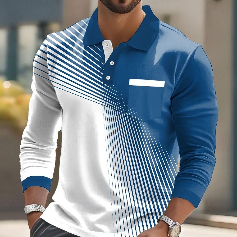 Herr Geometrisk Polo Långärmad Polotröjor Kavajslag Ledigt Business Casual Fritids- Dagliga kläder Ficka 3D-utskrift Knappar Vår Höst Svart Rubinrött Blå 2025 - $21.99 –P3