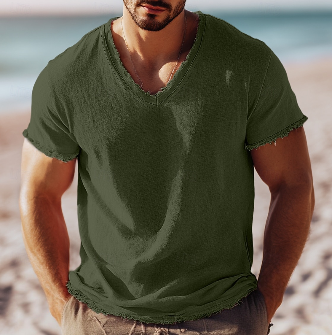 2025年 男性用 ティートップ リネンTシャツ 半袖 Ｖネック 夏 平織り ファッション デザイナー ベーシック ソフト バケーション ストリート カジュアル／普段着 ピンク ホワイト ライトブルー メンズトップTシャツ  コレクション – $18.99 –P10