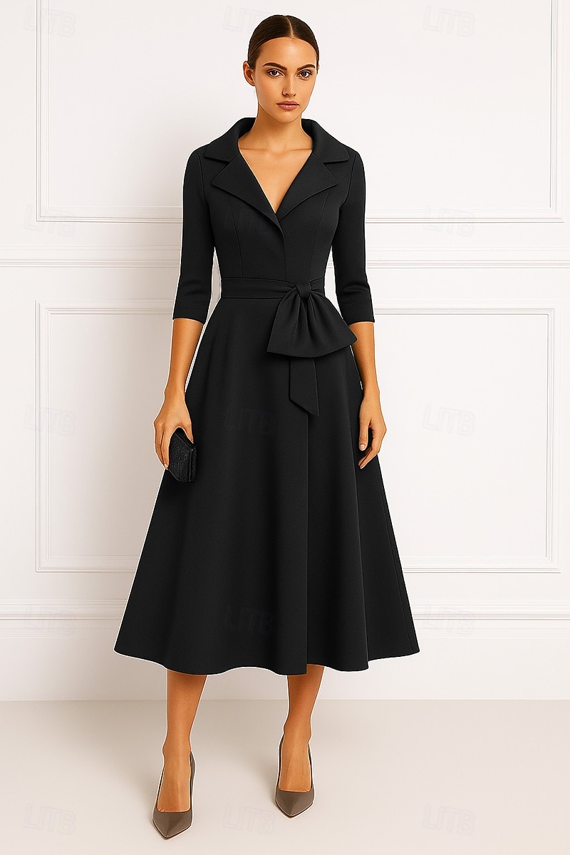 Rød portrettkrage A-linje cocktailkjoler elegant kjole formell bryllup te-lang midi-lengde 3/4-ermet stretch crepe med sløyfe(r) 2025 2025 - $132.99 –P4