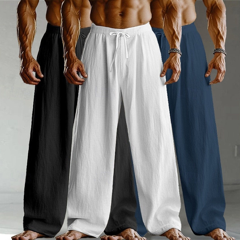 Men's Linen Pants Trousers Summer Pants Baggy Pants Drawstring Elastic Waist Straight Leg Plain Comfort Breathable Full Length Home Yoga Holiday Fashion Streetwear Black+White+Navy Blue 2026 - $37.99 –P15