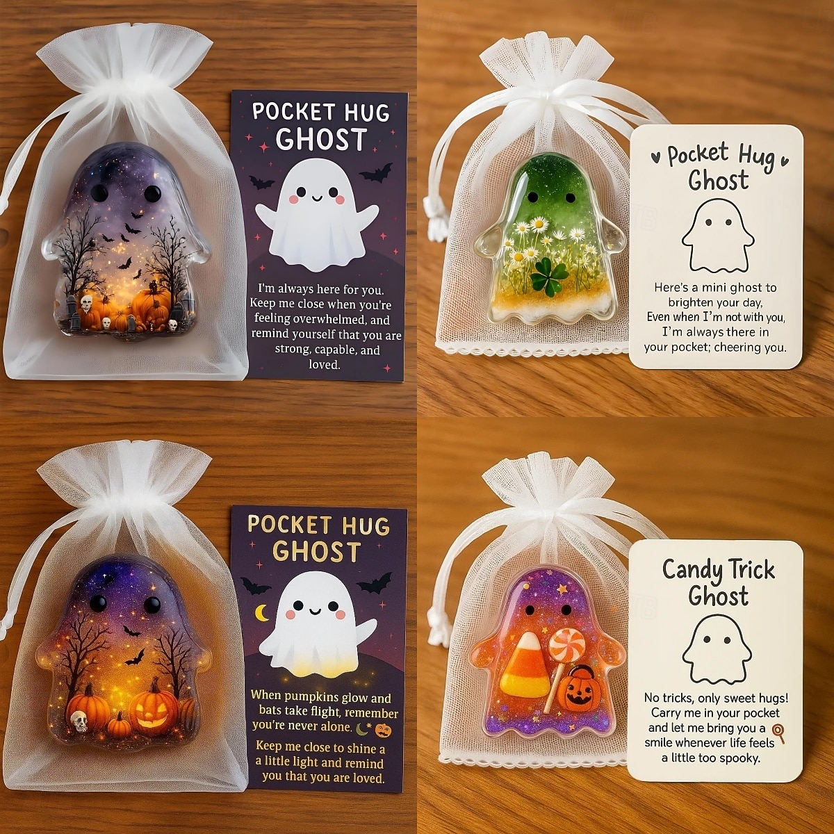 Halloween kapesní objetí duch s povzbudivou kartičkou roztomilý mini přívěsek inspirativní dárek pro přátele ručně vyřezávaná drahokamová socha ducha pro dekoraci domácího stolu 2025 - $19.99 –P7