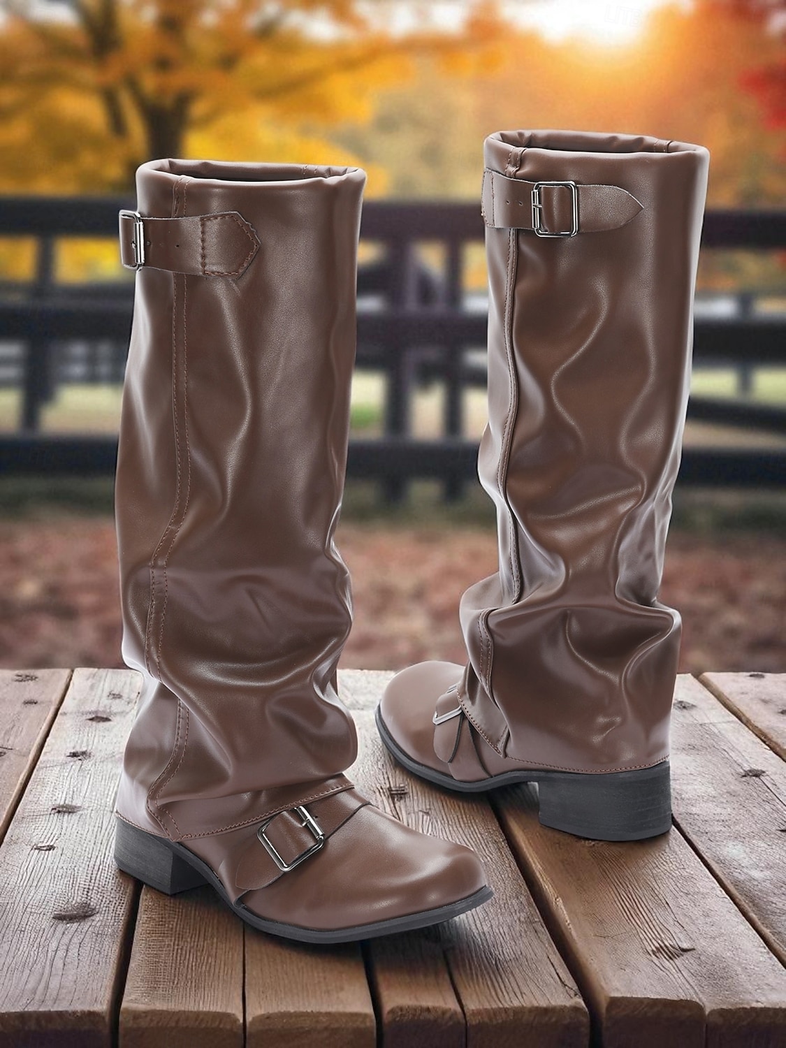 Bottes d'équitation marron pour femmes - style équestre souple en similicuir avec sangles à boucle et talon bas, chaussures décontractées d'automne et d'hiver pour événements en plein air, festivals de 2025 ? $54.99 –P4