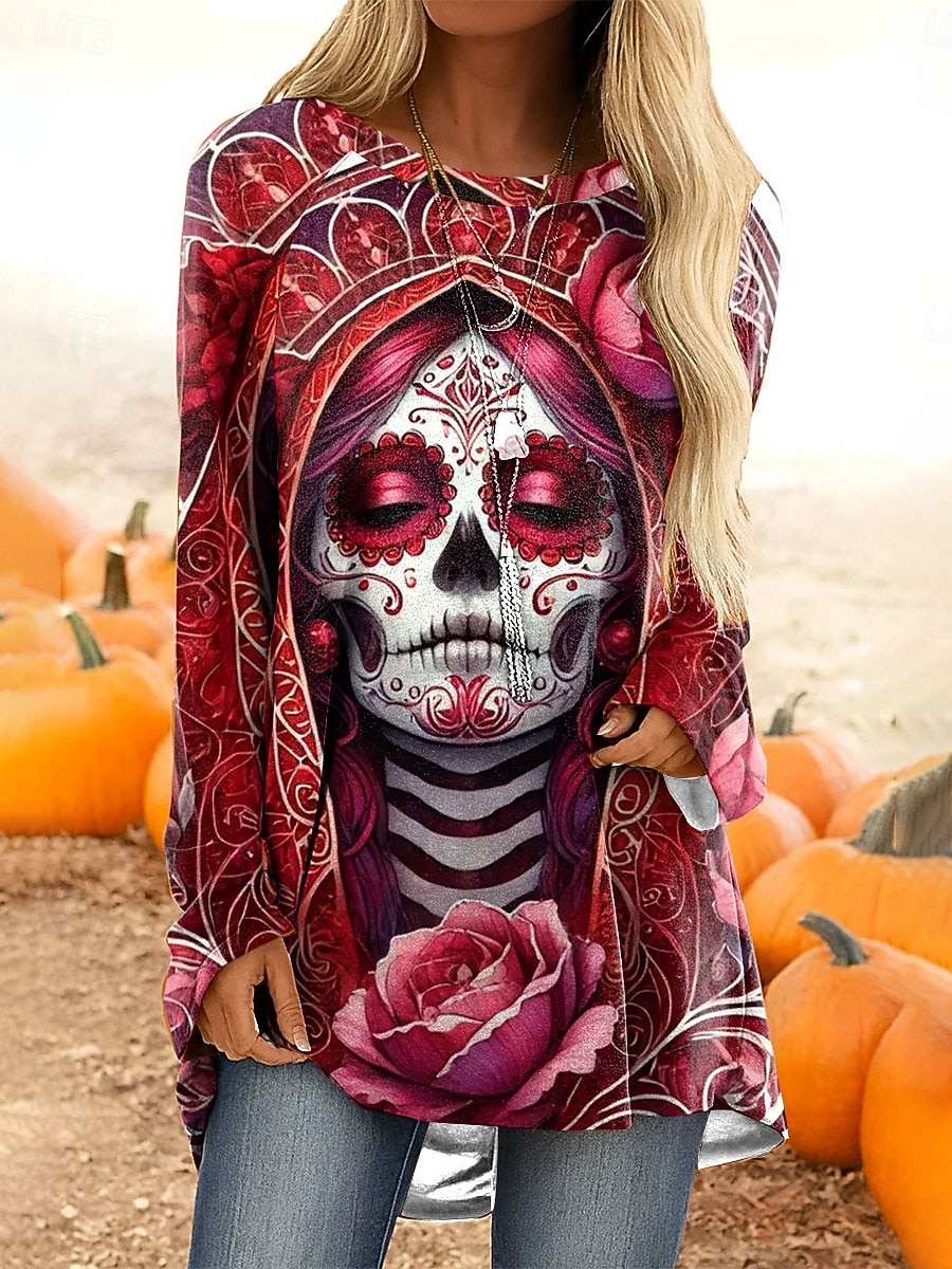 Halloween Dame T skjorte Grafisk Hodeskaller Årgang Stilfull Fritid Langermet Crew-hals Lange topper Daglig Trykt mønster Rød Lilla Oransje Kakifarget Vår Høst 2025 - $24.99 –P3