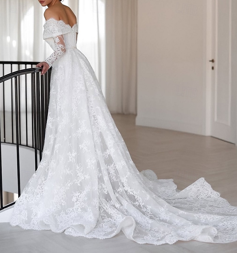 kukkakuvioinen chantilly-pitsiaplikaatiolla koristeltu rantahääpuku elegantti olkapäät paljastava boho-hääpuvut A-linjainen pitkähihainen kappelilaahus morsiuspuvut simpukankuorilla reunustetut 2025 - $219.09 –P4