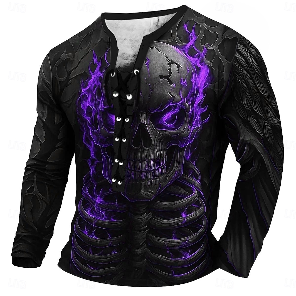 T-shirt da uomo teschio teschi cool maglietta maniche lunghe orrenda Helloween vintage retrò spirito festa autunno primavera e estate rosso blu viola verde colletto a lacci T-shirt Henley del 2026 a $25.99 –P2