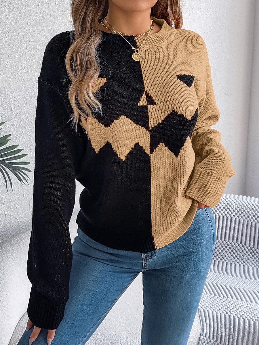 Maglione da donna Halloween con zucca casual morbido grafica colletto a coste maniche lunghe top regolari lavorato a maglia arancione khaki autunno inverno pre-autunno del 2025 a $31.99 –P7