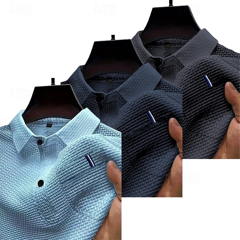 Multi-pakketten 3 stuks Voor heren Revers Korte Mouw Wit+Zwart+Blauw Ice Silk seersucker polo Polo's met knopen Golfshirt Jacquard Effen Vakantie Alledaagse kleding Polyester Zomer 2026 - $48.99 –P2