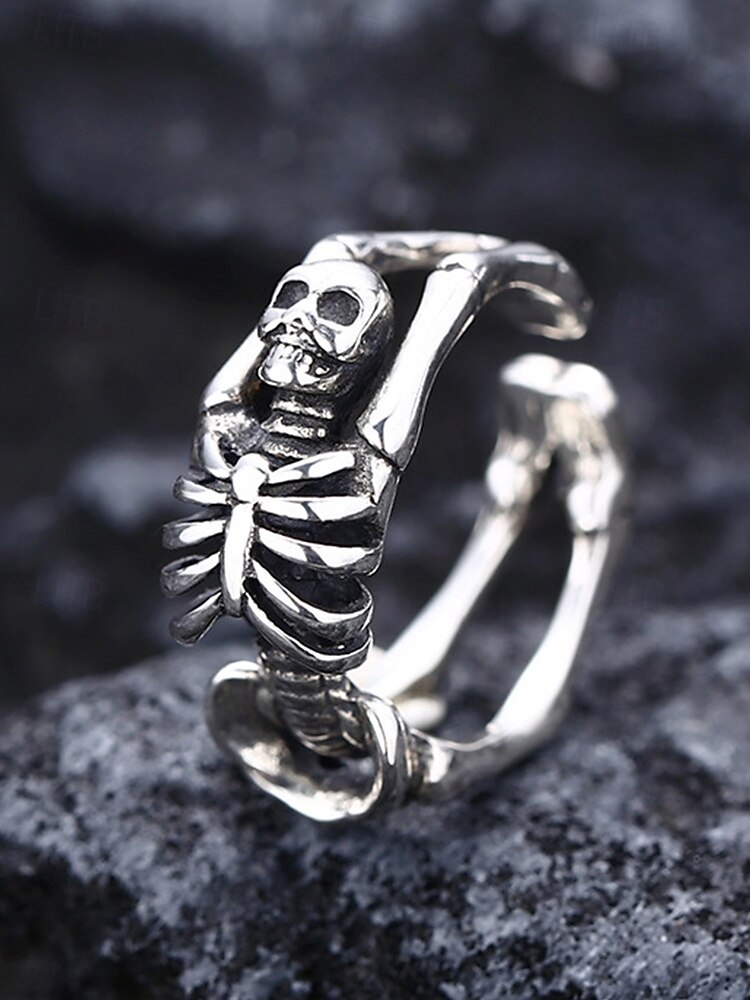 Halloween-skjelettring til dame – justerbar åpen viklering, sølvfarget legering med gotisk punk-hodeskalle og beindesign, statement-smykker til kostymefester, cosplay og kvelder ute 2025 - $7.99 –P5