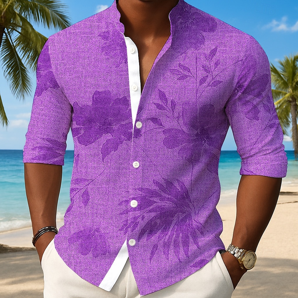 Men's Plants Tropical Leaf Shirt Button Up Shirt Stand Collar Shirt Long Sleeve Hawaiian Outdoor Vacation Daily Spring Fall Mandarin Collar Band Collar 3D Print Linen Like Shirt Light Blue Blue 2025 - $25.99 –P5