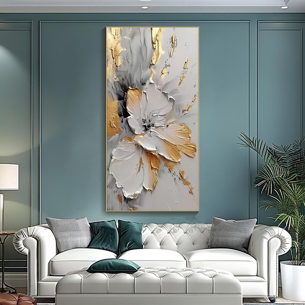 Pintura a óleo de flores douradas sobre tela, arte de parede feita à mão, pintura floral branca abstrata, decoração de sala de estar, decoração de casa, pintura enrolada, sem moldura, sem esticar de 2025 por €37.65 –P3
