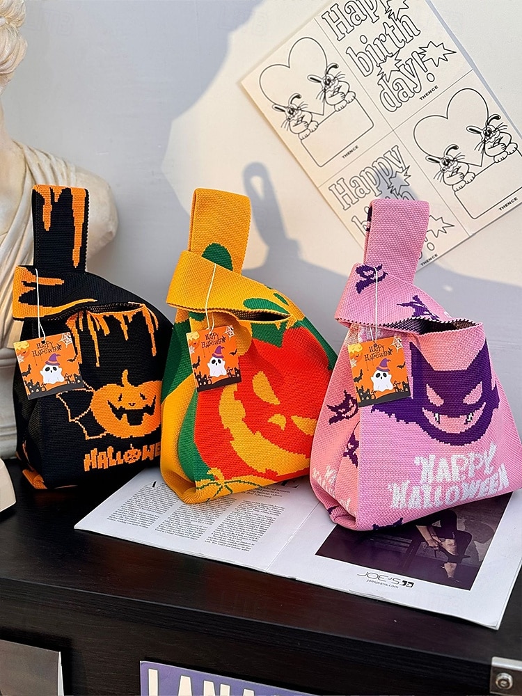 Dámská halloweenská taška – pletená kabelka se vzorem dýně a netopýra na koledování, ležérní opakovaně použitelná taška přes rameno na párty, nákupy a vánoční dárek 2025 - $9.99 –P5