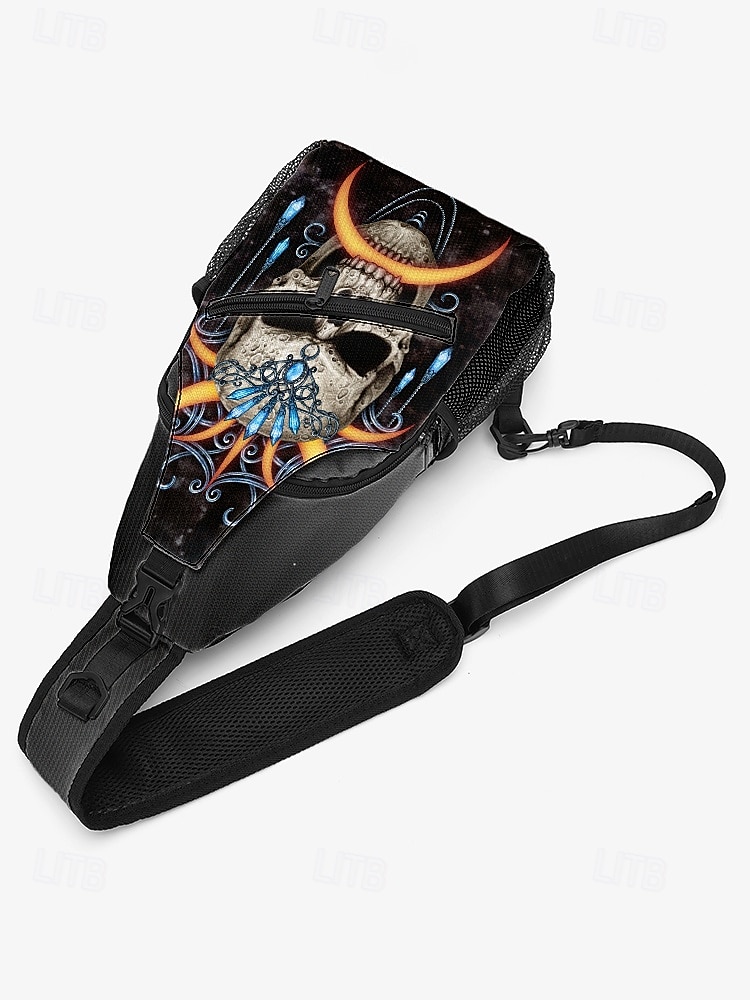 Męska torba typu crossbody z motywem czaszki na Halloween od Sarah Richter – inspirowana stylem vintage czaszka z pomarańczowymi akcentami, wyjątkowa sztuka na imprezy halloweenowe, festiwale i codzienne stylizacje 2025 - $24.99 –P7