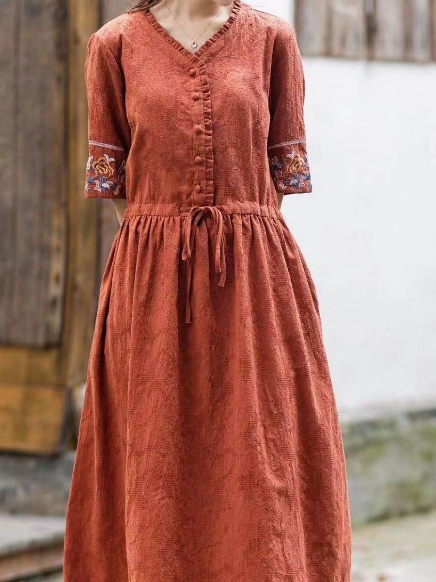 Damen Midikleid Kunstbaumwollleinen A Linie Kleid Lässig Täglich Lässiger Schnitt Blumen Dreiviertelarm V Ausschnitt Blau Weiß Orange Sommer 2026 - $41.99 –P2