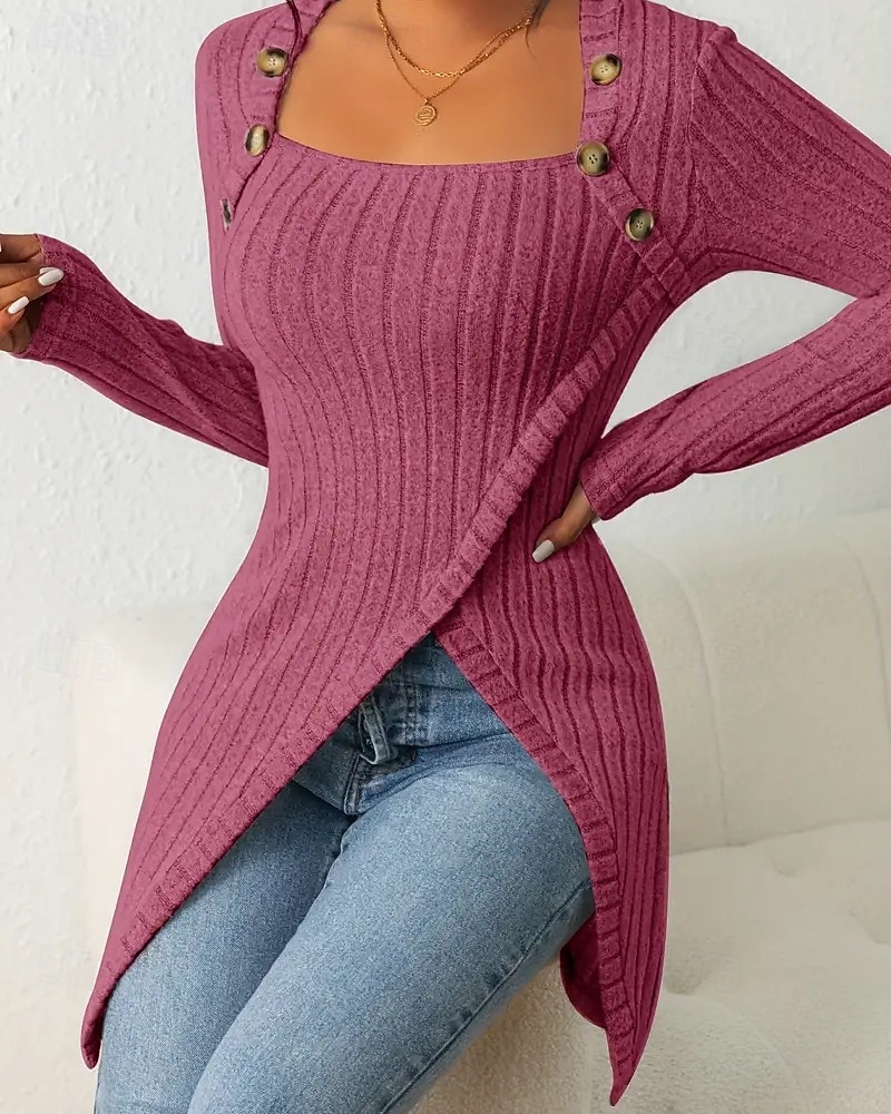 Women's T Shirt Tee Top Buttons Asymmetrical Solid Color Elegant Fashion Long Sleeve Square Neck Regular Tops Daily Weekend Black Brown Rose Pink Gray Spring Fall 2026 - $22.99 –P9