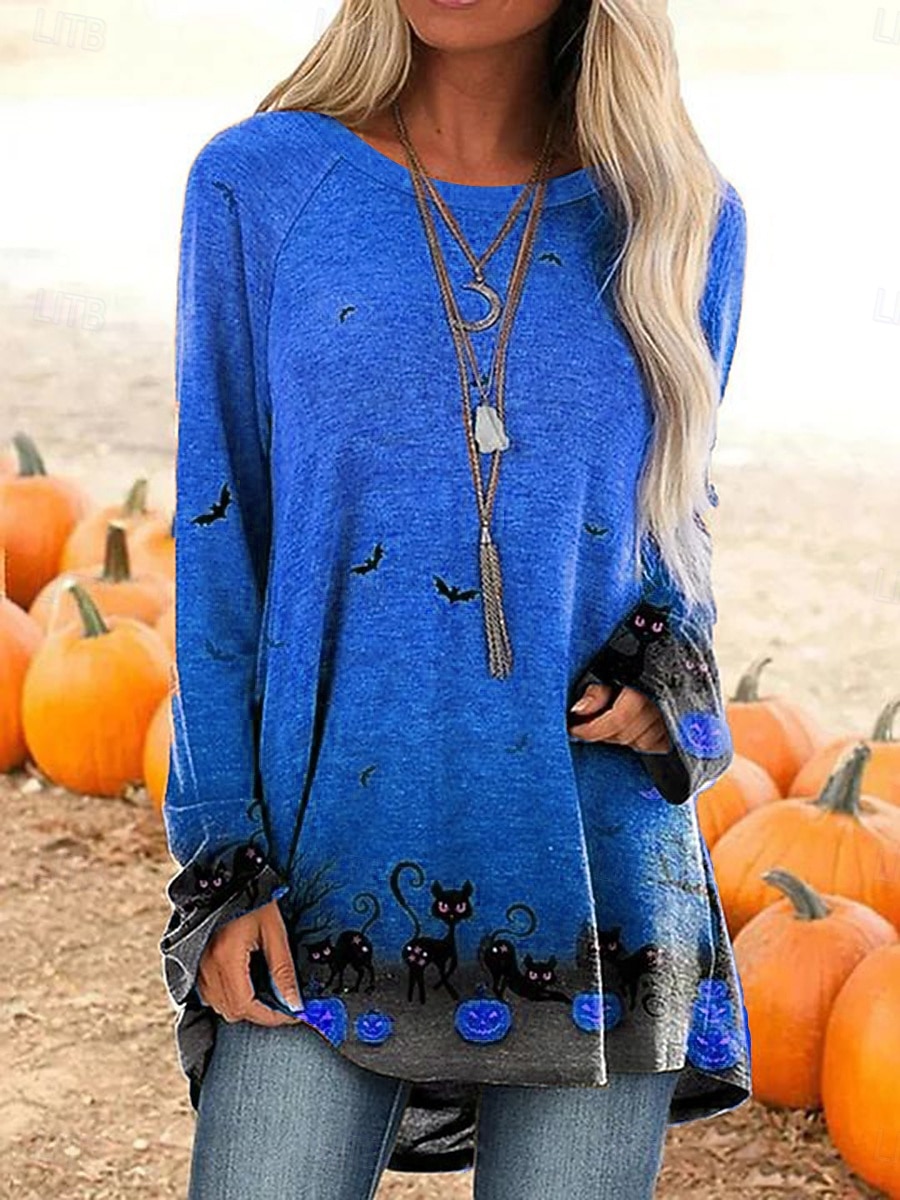 Halloween dámské tričko s dlouhým rukávem grafický Halloween vintage stylové casual dlouhý rukáv kulatý výstřih dlouhé topy denní tisk černá bílá žlutá oranžová jaro podzim předpodzim 2025 - $24.99 –P4