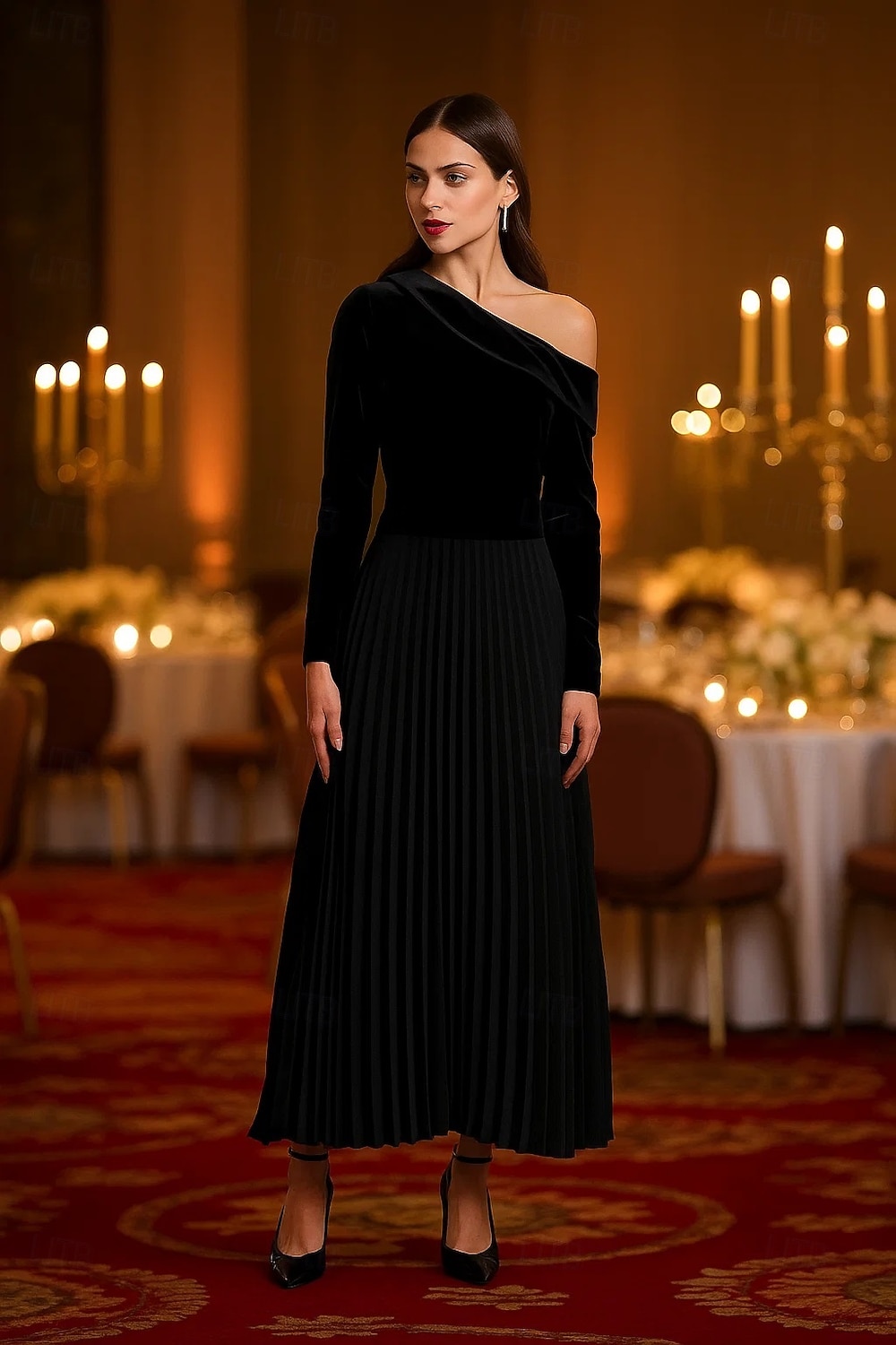 Rochii de cocktail elegante, cu imprimeu A, lungime tip A, rochie de mireasă, lungime tip ceai, mânecă lungă, pe un umăr, din catifea elastică cu pliuri, 2025 2025 - $139.99 –P1