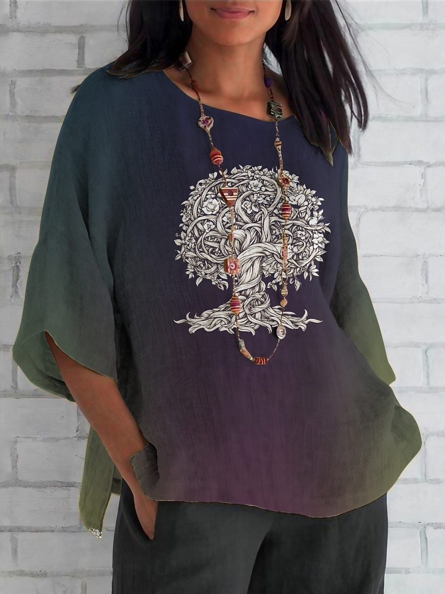 Women's Shirt Tree Color Gradient Daily Casual 3/4 Length Sleeve Crew Neck Regular Tops Daily Holiday Print White Purple Green Khaki Summer Spring Fall 2025 - $26.99 –P2