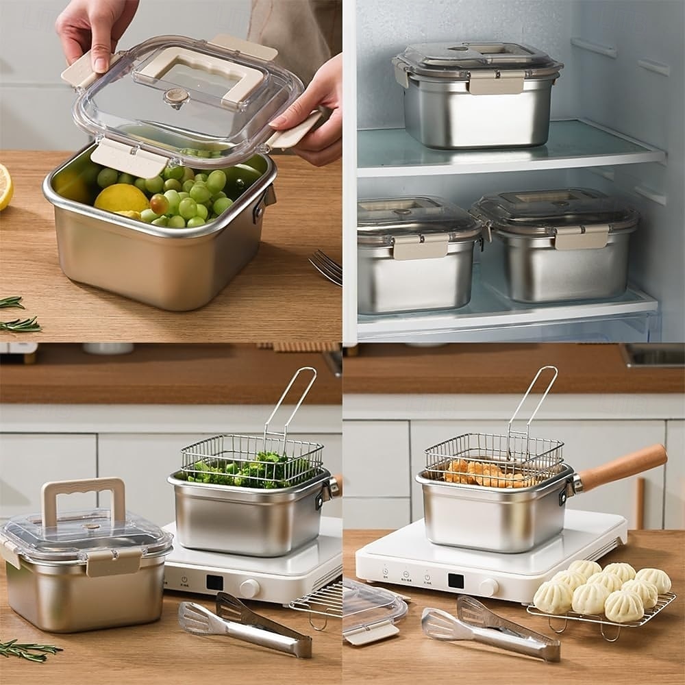 Padella quadrata in acciaio inox da 4 pezzi con cestello, friggitrice compatta quadrata multiuso con manico staccabile &design di scarico facile adatto a contenitori per la conservazione della del 2025 a $33.99 –P5