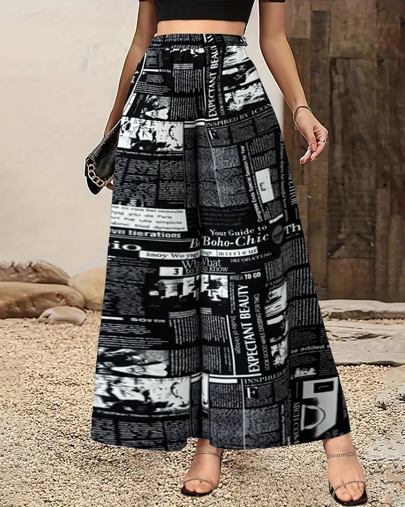 نسائي ساق عريضه بنطلون أناقة الشارع كاجوال مكتمل الطول ارتفاع متوسط زهور مرونة الخصر طبع مريح الأماكن المفتوحة عطلة مناسب للخارج أسود أبيض الخريف عادي 2025 - $20.99 –P5