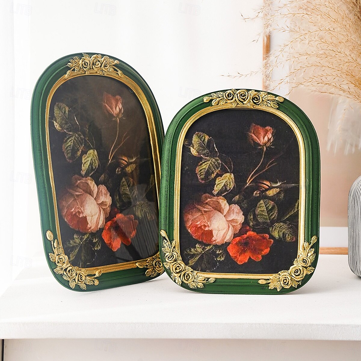 Gold 3D Rose Photo Frame with Green Arched Border, Hand-Painted Resin Picture Frame for Home Decor, Display Photos in Living Room, Bedroom, Study or Entryway 2025 - CAD $32.36 –P6