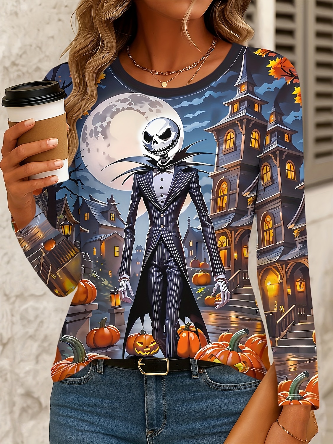 Halloween Dámské Tričko Grafika Lebky Dýně Vinobraní Módní stylové Dlouhý rukáv Tričkový Běžné topy Denní Tisk Vodní modrá Podzim Zima 2025 - $22.99 –P1