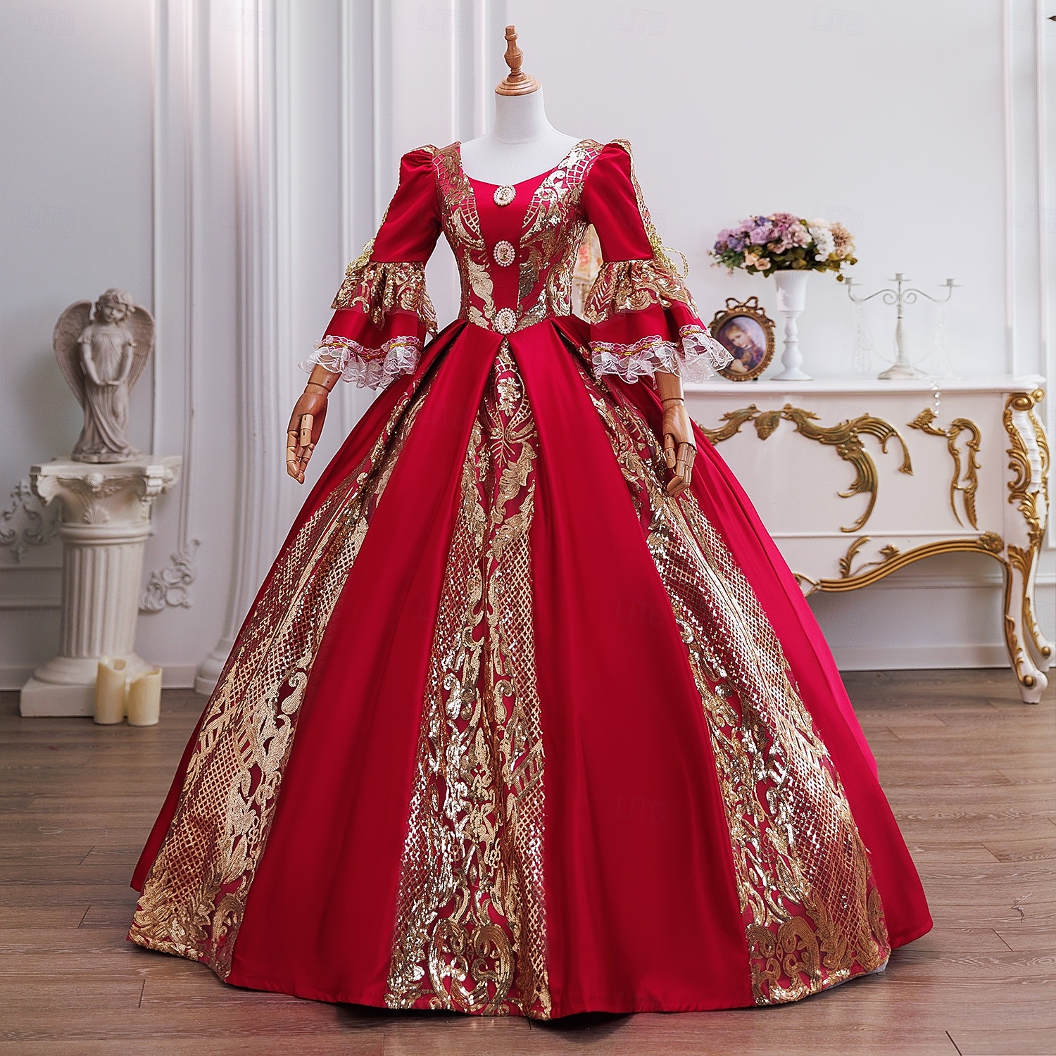 Vintage Rokokoo Renessanssi Maxi Mekot Normaali Juliet hiha Prinsessa Morsian Laskostettu Rimpsu Prinsessa Pyöreä kaula-aukko Naamiaispuku Naisten Halloween Karnevaali Naamiaiset Suoritus Juhla 2026 - $257.39 –P3