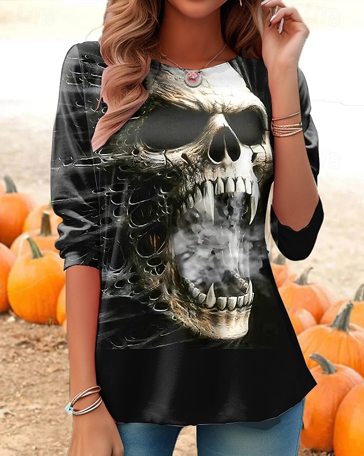 Koszulka Damska Czaszki Grafika Dynia Vintage Stylowa Klasyczna Długi Rękaw Okrągły Dekolt Regularne Bluzki Codzienny Druk Czarny Czerwony Jasnobrązowy Pomarańczowy Jasnoszary Jesień Zima 2025 - $22.99 –P6