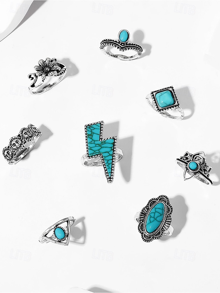 Women's Turquoise Ring Set - Multi-Piece Set of Vintage Bohemian Alloy Jewelry for Women's Holidays, Beach Vacations and Everyday Wear 2025 - $8.39 –P15