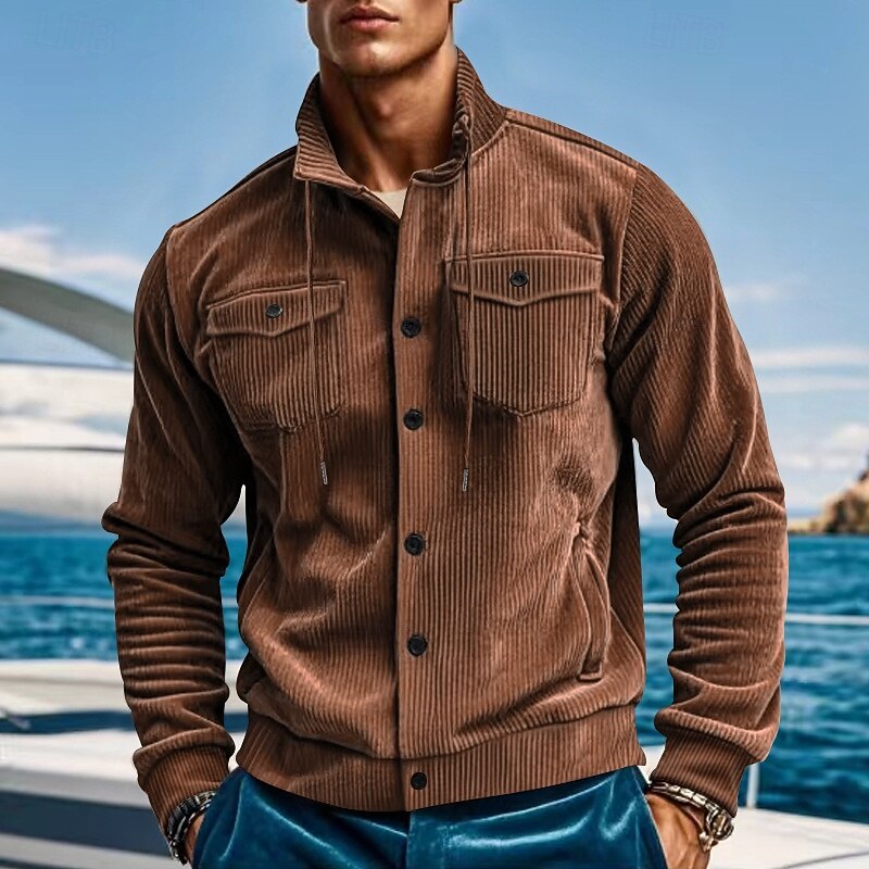 Homens jaqueta leve Jaqueta de Veludo Jaqueta Carga Jaqueta casual Férias Diário Respirável Bolsos Primavera Outono Tecido Moda Clássico Colarinho Chinês Padrão Adamascado Preto Verde Escuro Marron de 2025 por $32.99 –P14