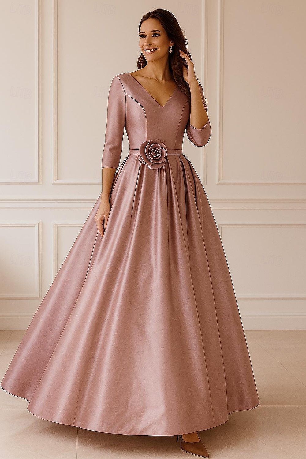 Ligne A Robe de Soirée Élégant Robe de soirée Formel Mariage Longueur au sol Manche 3/4 Col en V Satin Extensible avec Froncé 2025 de 2025 ? $144.99 –P2