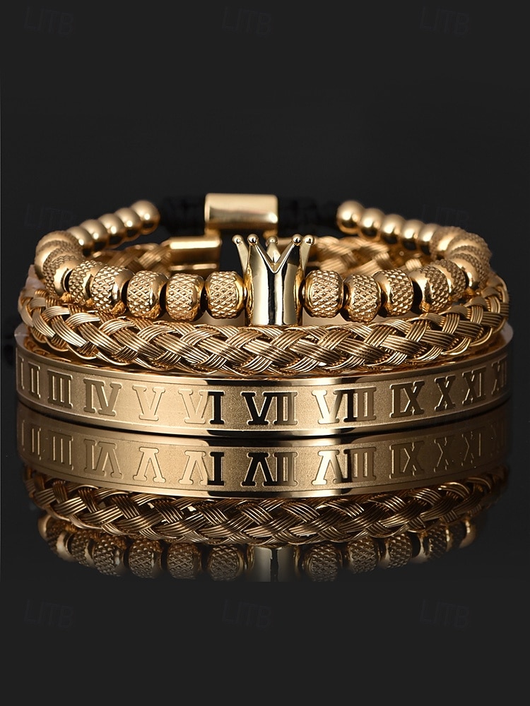 set di bracciali da uomo in acciaio inossidabile dorato: bracciale a 3 pezzi con corona di perline, polsino intrecciato e bracciale con numeri romani per abiti alla moda, feste e occasioni speciali del 2025 a $18.99 –P4