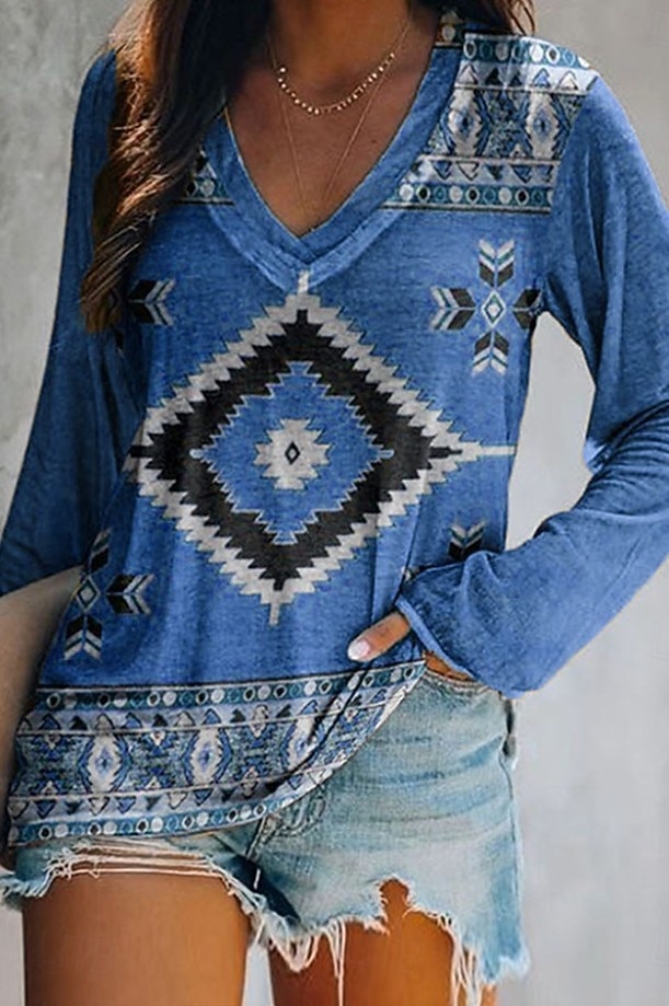 Femmes T-shirt Imprimé Graphique Géométrique Tribal Élégant Bohème ancien manche longue Col en V Hauts Réguliers Quotidien Sortir Week-end Bleu Noir Jaune Rouge Vert foncé Printemps Automne de 2026 ? $24.99 –P7