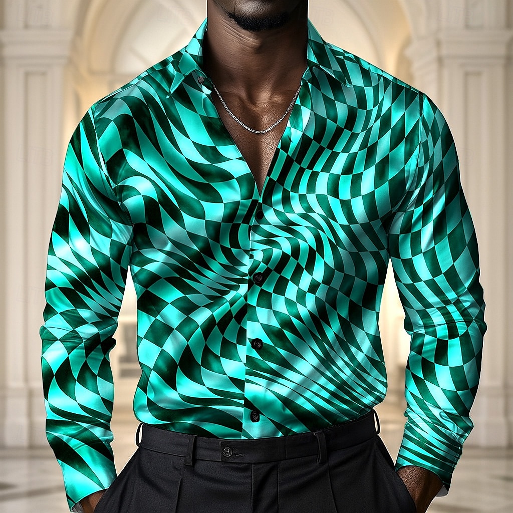 Męskie Geometryczny Wzór 3D Krata / pled Koszula Satynowa koszula Koszule eleganckie Długi rękaw Moda na co dzień Urlop Na co dzień Lato Wiosna Jesień Wieczorne Druk 3D Koszule zapinane na guziki 2025 - $27.99 –P4