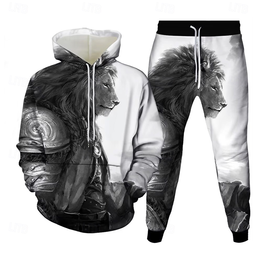 Men's Lion 2pcs 3D Sweatshirt Sets Tracksuit Hoodie Sweatshirt Long Sleeve Long pants Hooded Casual Daily Athleisure 3D Print Spring Fall Winter White 2026 - $41.99 –P1
