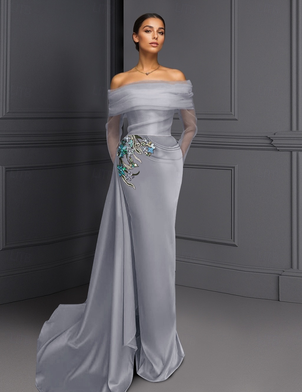 abito da sera elegante blu nero con scollo a V, in raso elasticizzato, con spacco arricciato e perline, lunghezza al pavimento, manica lunga, abito formale da sposa 2025 del 2025 a $149.99 –P1