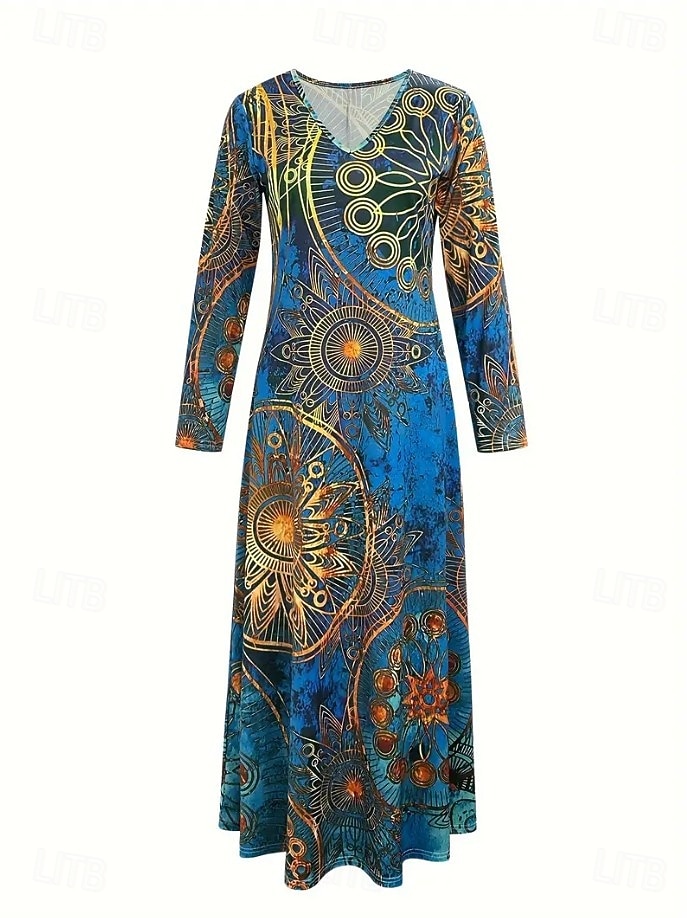 Női Maxiruha Pólóruha A vonalú ruha Szabadság Alkalmi Boho Randi Normál Virágos Paisley Hosszú ujj V-alakú Királykék Sötétkék Ősz Tél 2025 - $38.99 –P2