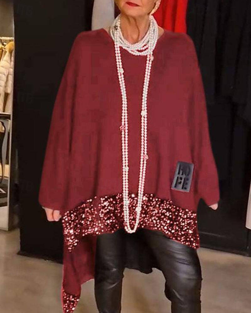 Damen Bluse Pailletten Patchwork Farbblock Stilvoll Modern Langarm Rundhalsausschnitt Normale Oberteile Täglich Ferien Ausgehen Blau Schwarz Rote Braun Grün Herbst 2026 - $31.99 –P3