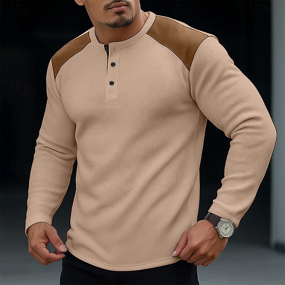 Voor heren Wafel Henley-shirt T-shirt Lange mouw Henley Lente & Herfst Alle seizoenen Kleurenblok Modieus Ontwerper Basic Kleurenblok Vakantie Straat Casual Zwart Wit Rood Top T-shirt voor mannen 2025 - $21.99 –P2