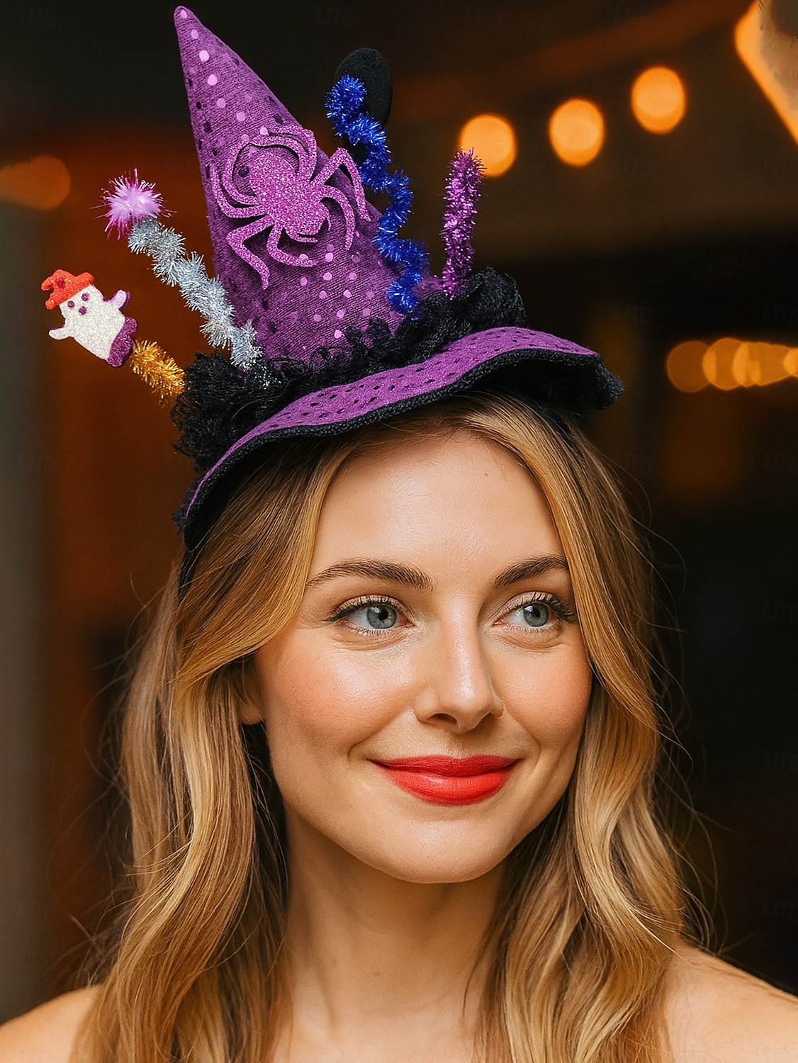 Dámská halloweenská čelenka s čarodějnickým kloboukem - fialový pavouk a duch, dekorační kostýmní doplněk na párty, cosplay a převlékání 2025 - $14.99 –P2