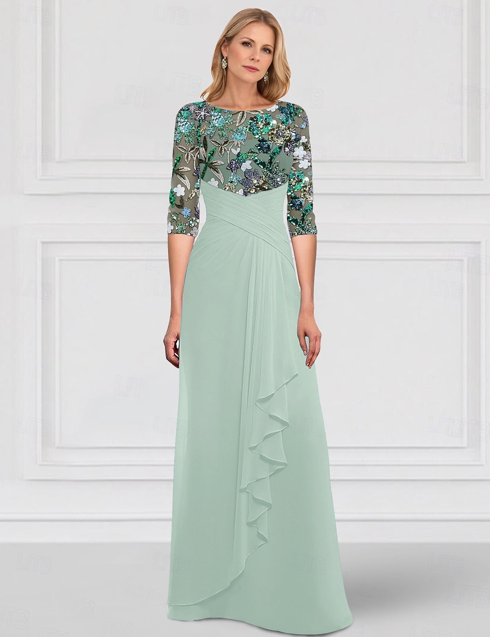 Linea ad A Lunghezza al pavimento Abito Formale Abito da sera Mezza Manica Scollo a Barca Elegante Semplice Lussuoso Formale Ospite di nozze Chiffon Pizzo Pizzo con perline Abito da cerimonia per del 2025 a $184.99 –P1