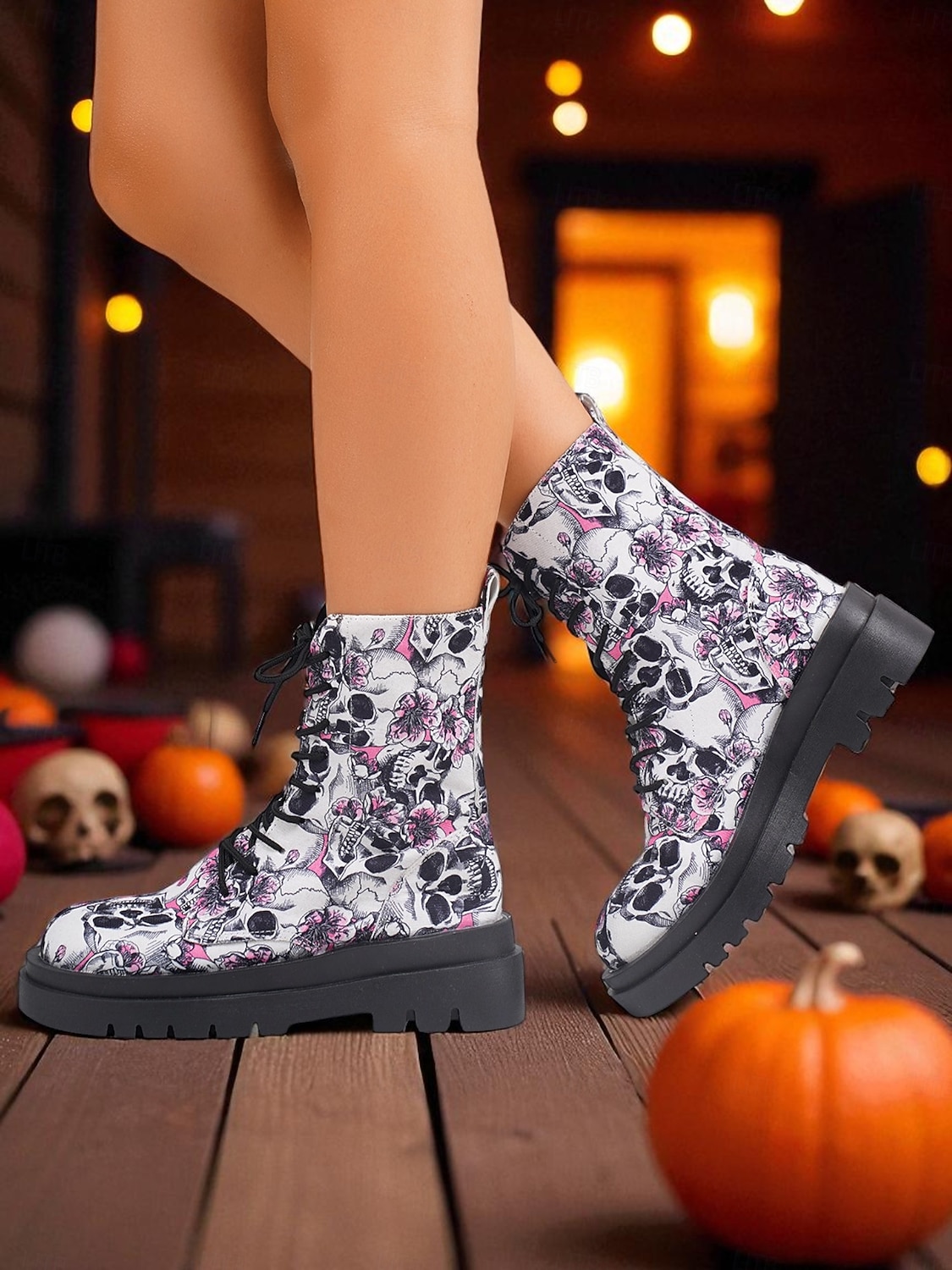 női koponyamintás harci csizma vastag talppal – gótikus fűzős bokacsizma halloweenre, fesztiválokra és alternatív utcai viseletre 2025 - $29.99 –P4