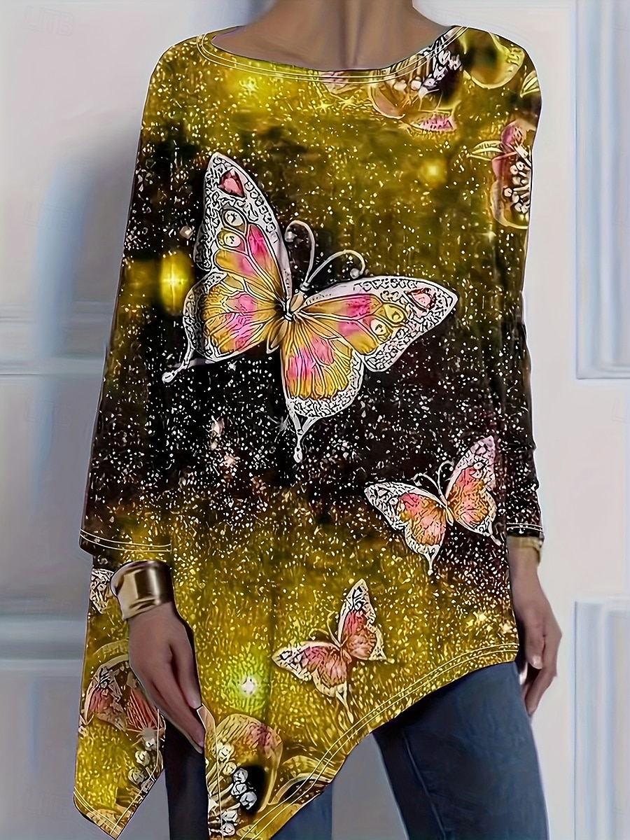 Damskie Podkoszulek Nadruk Asymetryczny/a Graficzny Geometryczny Motyl Zabytkowe Elegancki Codzienny Długi rękaw Półgolf Długie topy Codzienny Żółty Fioletowy Zielony Wiosna Jesień 2026 - $29.99 –P2