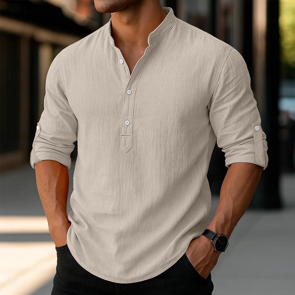Per uomo Camicia di lino Camicia con colletto alla coreana Camicia popover Camicia casual Camicia da Spiaggia Semplice Vacanza Camicia hawaiana Nero Bianco Rosa Arancione Manica Lunga Henley del 2025 a $23.99 –P9