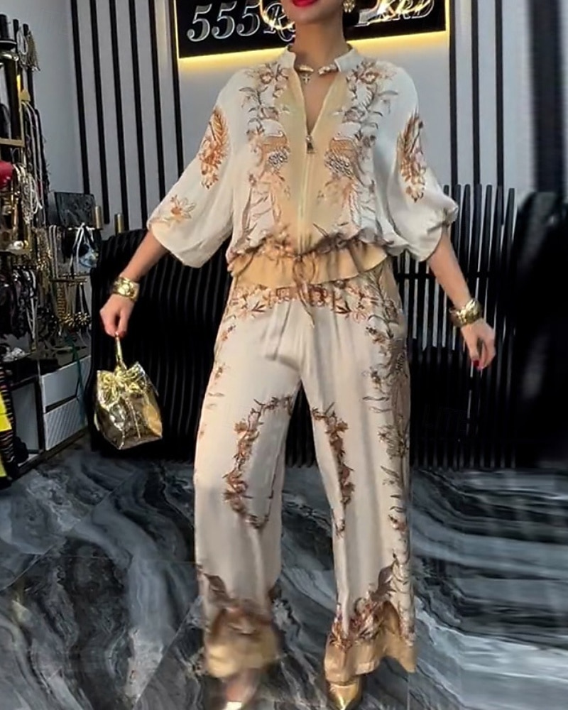 2025年 女性用 活発的 ファッション ブラウス パンツセット 長袖 スタンド フラワー ドローストリング プリント アウトドア お出かけ ブルー オレンジ グリーン 秋 レギュラー  コレクション – $39.99 –P4