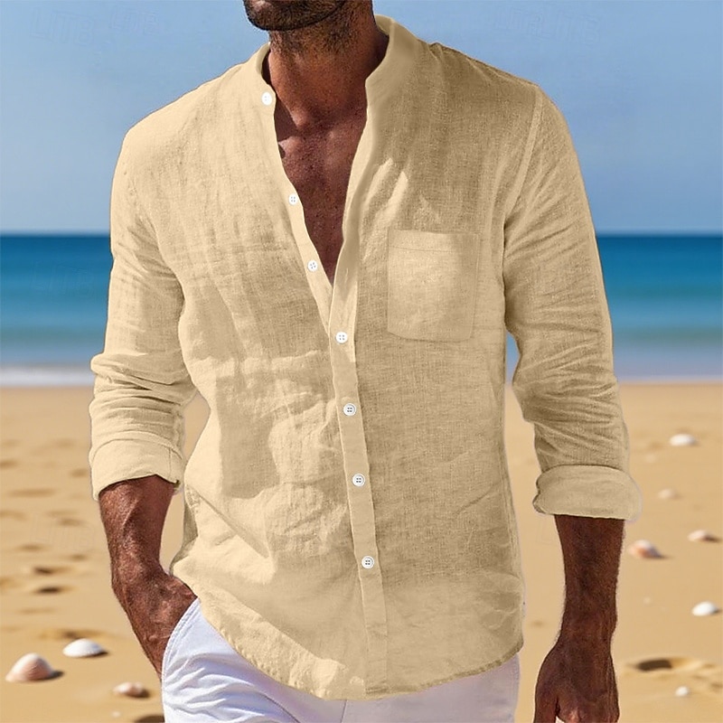 Per uomo Camicia Camicia di lino Camicia Estiva Abbigliamento da spiaggia Camicia con Bottoni Semplice Vacanza Quotidiano Bianco Giallo Blu marino Blu Manica Lunga Colletto alla coreana Estate Autunno del 2026 a $24.99 –P10