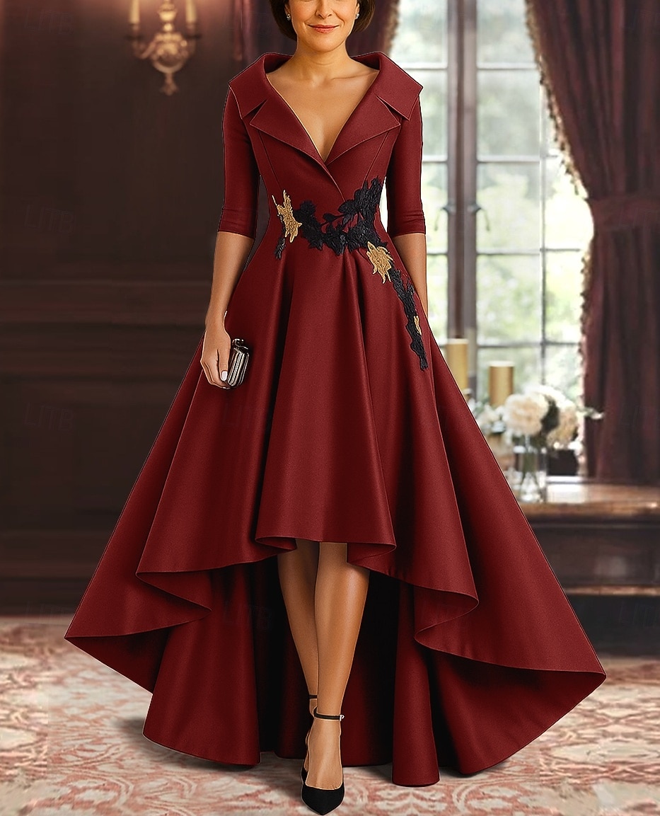 rot-schwarzes A-Linien-Kleid für die Brautmutter, eleganter hochgeschlitzter Hemdkragen, asymmetrischer Satin, 3/4-Ärmel mit Applikationen 2025 2025 - $149.99 –P5