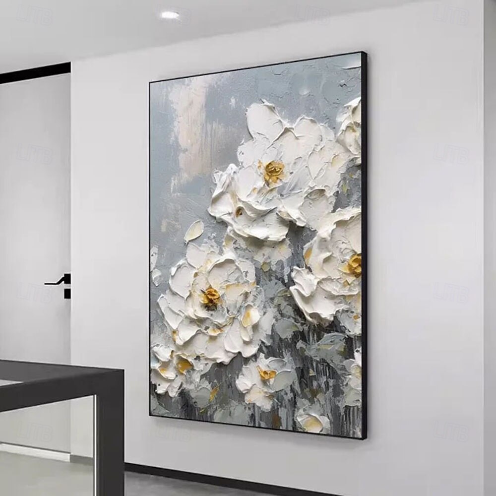 2025年 鮮やかな花の構図と白い牡丹を特徴とする手作りの3D白い花の油絵。絶妙なインパスト技法と豊かな色彩パレットが特徴で、エレガントな室内装飾に最適です。  コレクション – $54.99 –P3