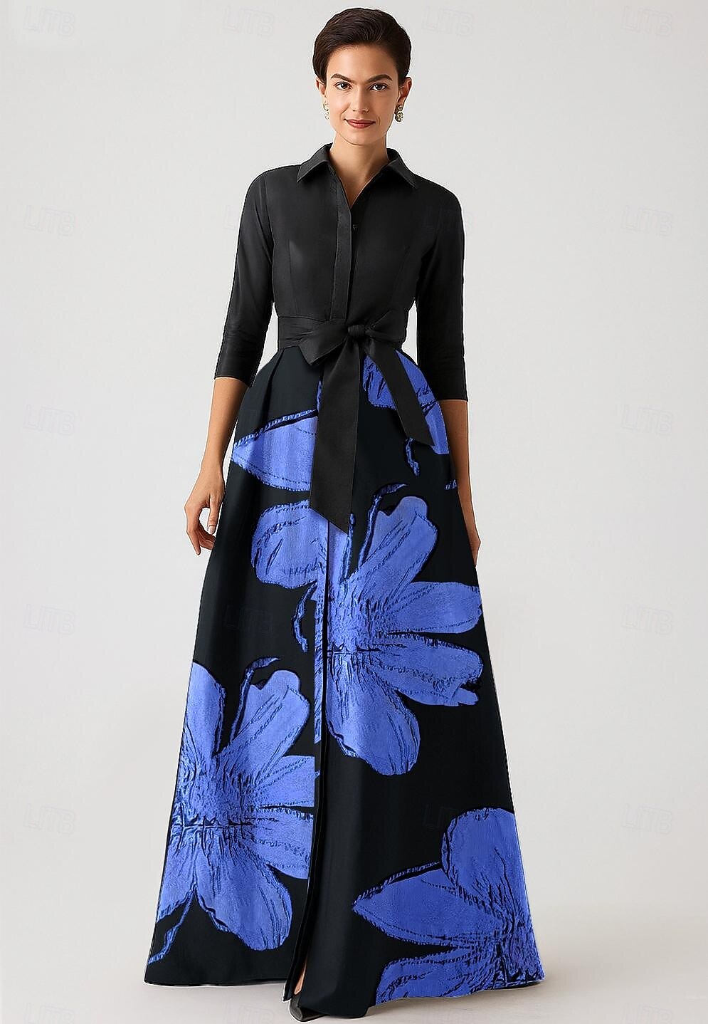 2025年 ブルーピンクAラインイブニングガウンエレガントドレスフォーマルウェディングフロアレングス半袖シャツカラーポケットナイロン花柄印刷リボン付き  コレクション – $169.99 –P1