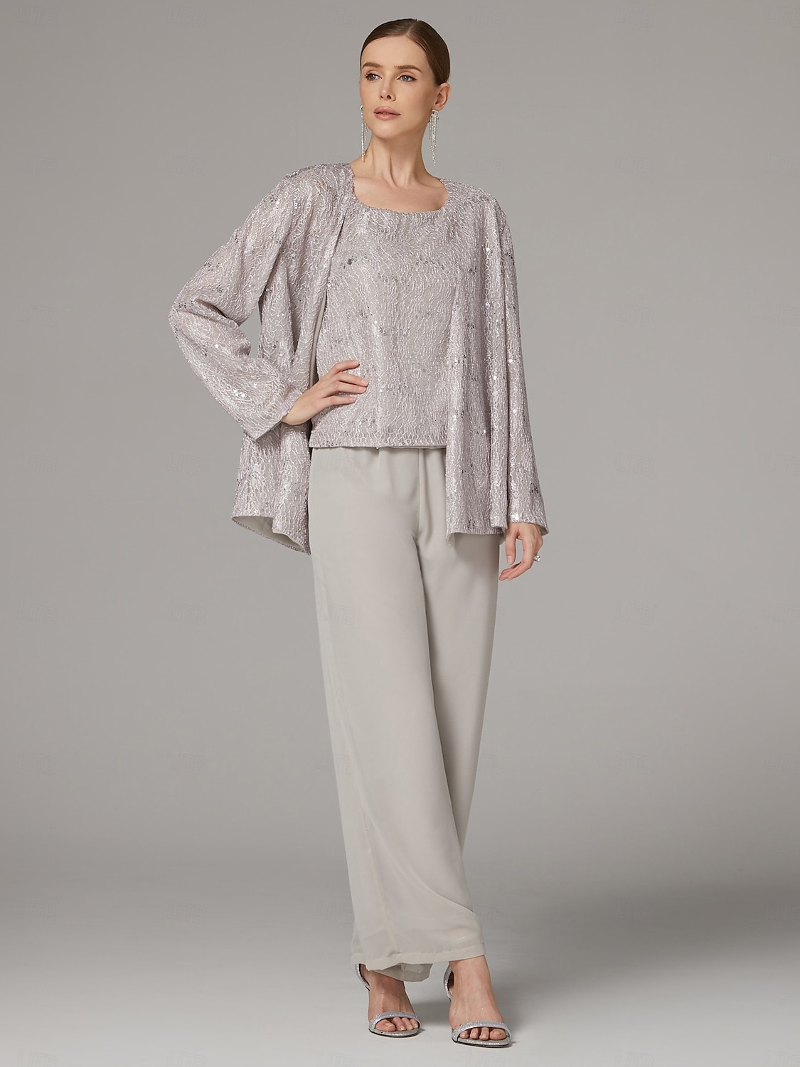 Terninho Traje de 3 peças Longo Vestido Para Mãe dos Noivos Sem Manga Scoop pescoço Elegante Convidado do casamento Chiffon Renda Embrulho incluido com Lantejoulas de 2026 por $183.99 –P6